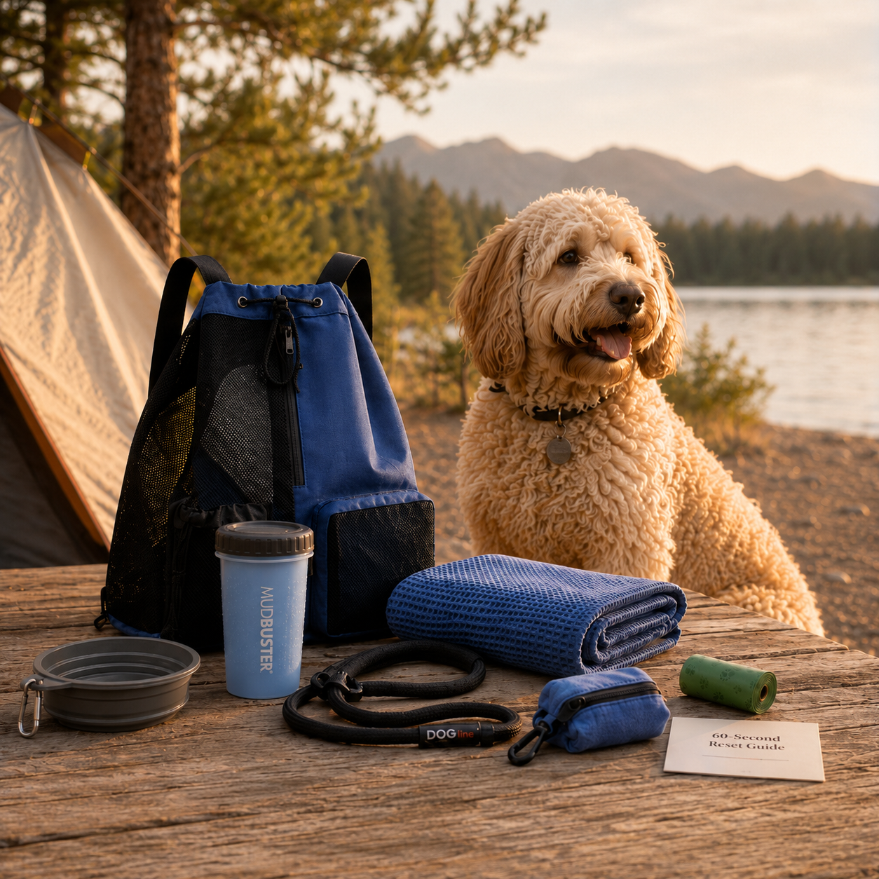 Nacho, a large cream Goldendoodle, beside the Home After Paws dog reset kit at a lakeside campsite.