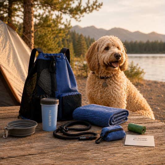 Nacho, a large cream Goldendoodle, beside the Home After Paws dog reset kit at a lakeside campsite.