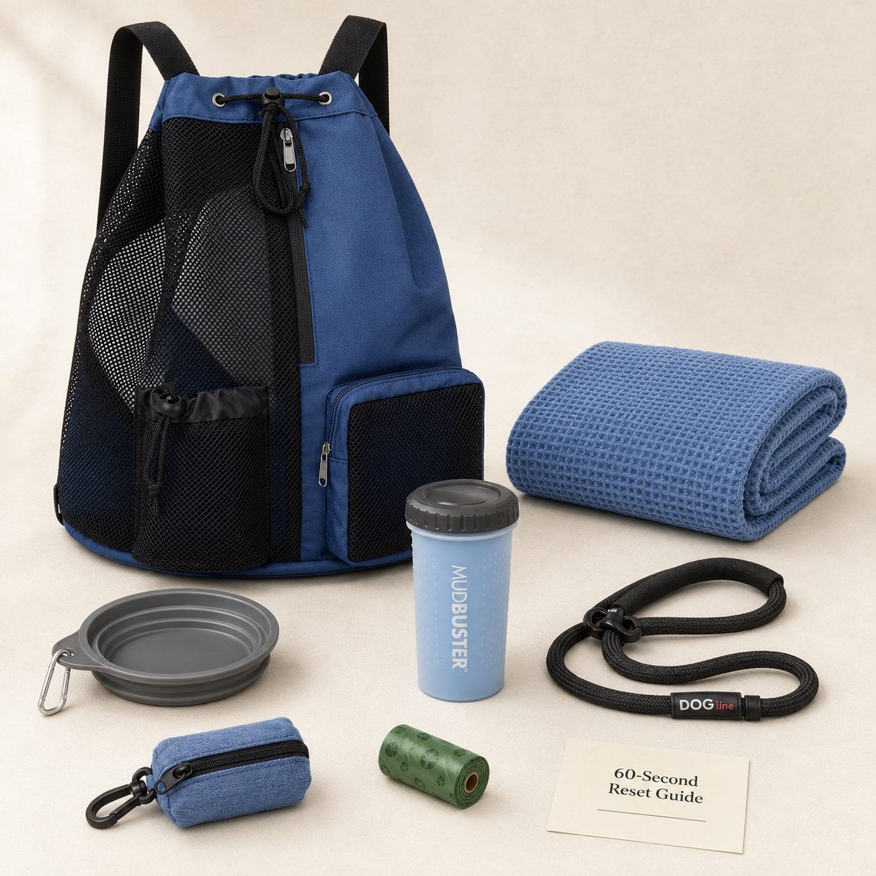Navy Dog Reset Kit contents: wet-dry backpack, blue towel and paw cleaner, gray travel bowl, black leash, blue dispenser, poop-bag roll and reset guide.
