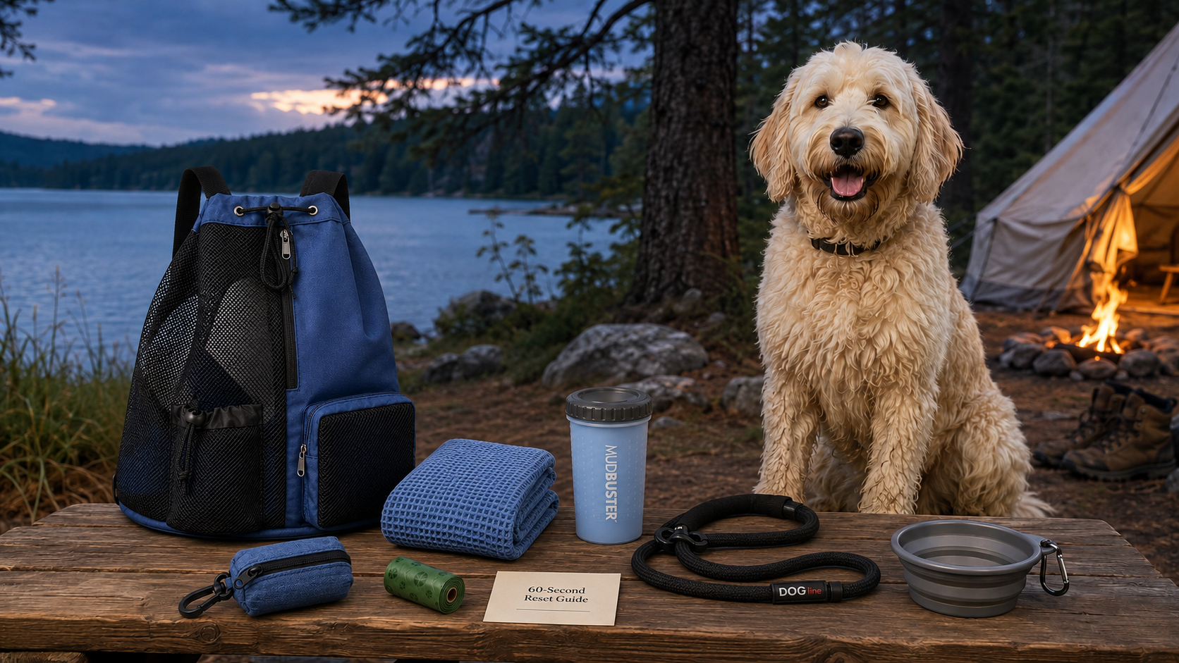 Navy Dog Reset Kit with blue towel, paw cleaner, leash and travel bowl