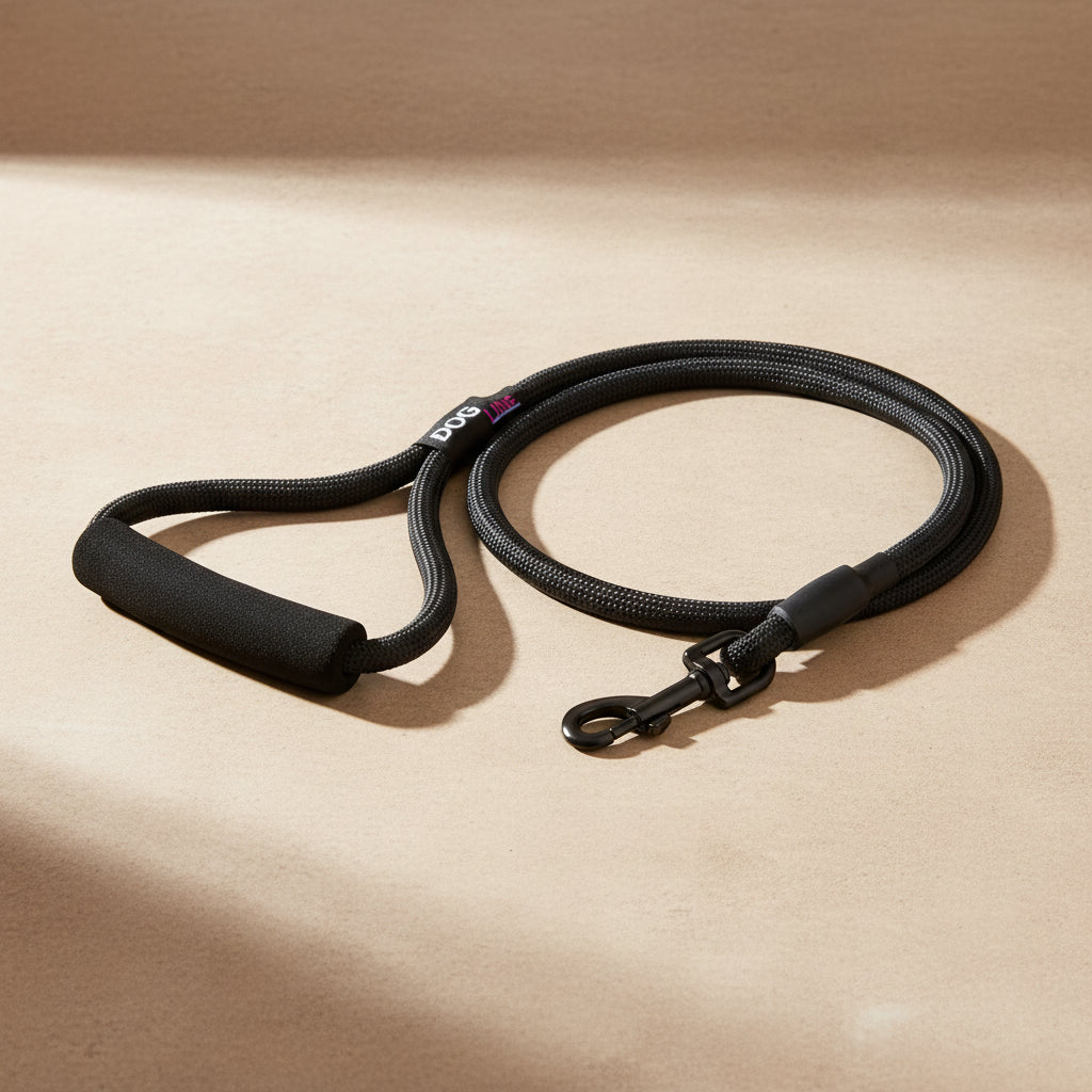 Black four-foot round nylon dog leash with padded handle and durable metal swivel clip.