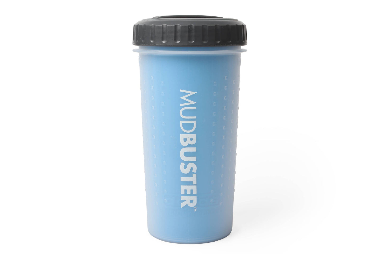 Large blue MudBuster dog paw-cleaning cup standing upright with a dark gray travel lid.
