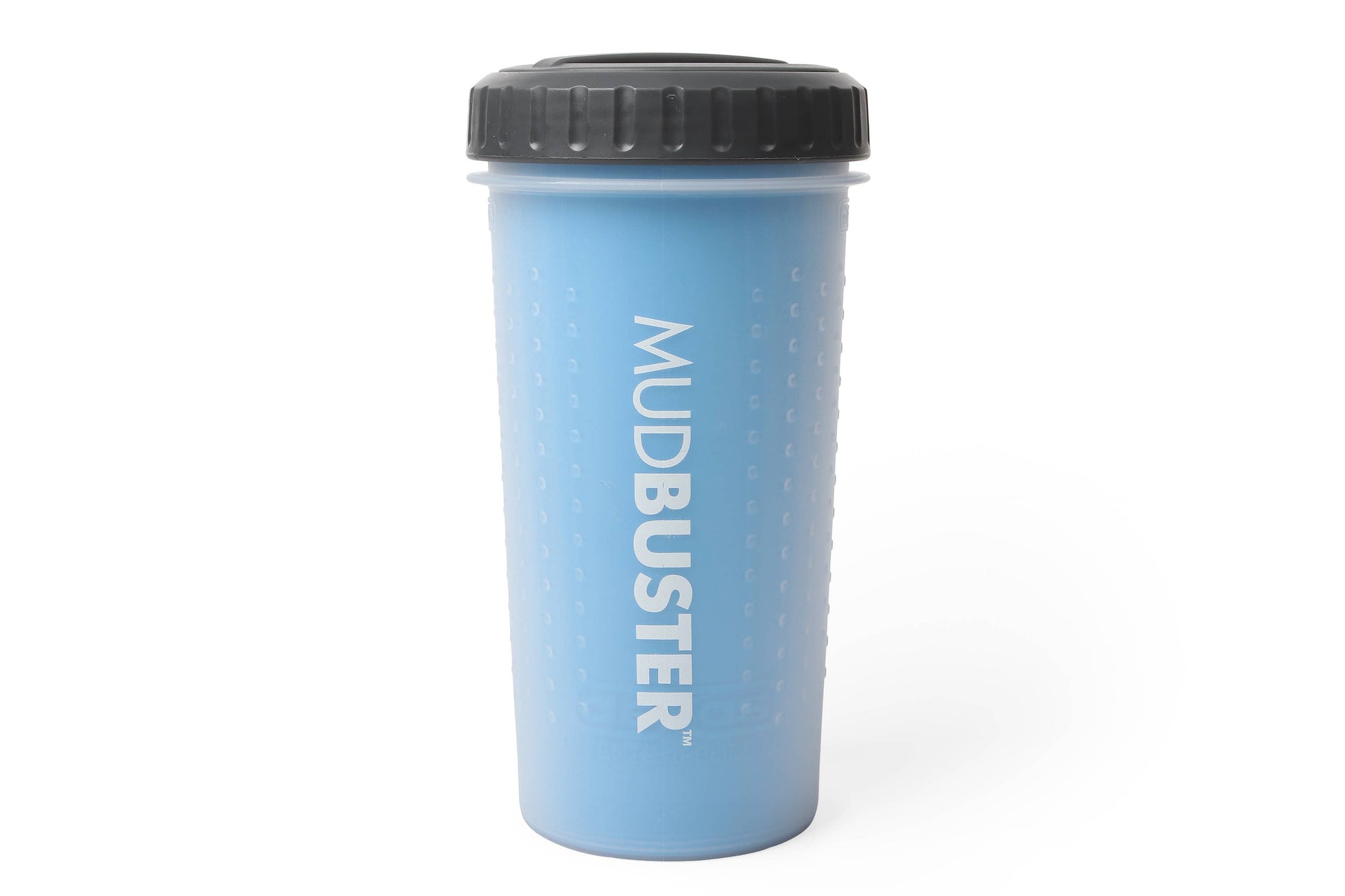 Large blue MudBuster dog paw-cleaning cup standing upright with a dark gray travel lid.
