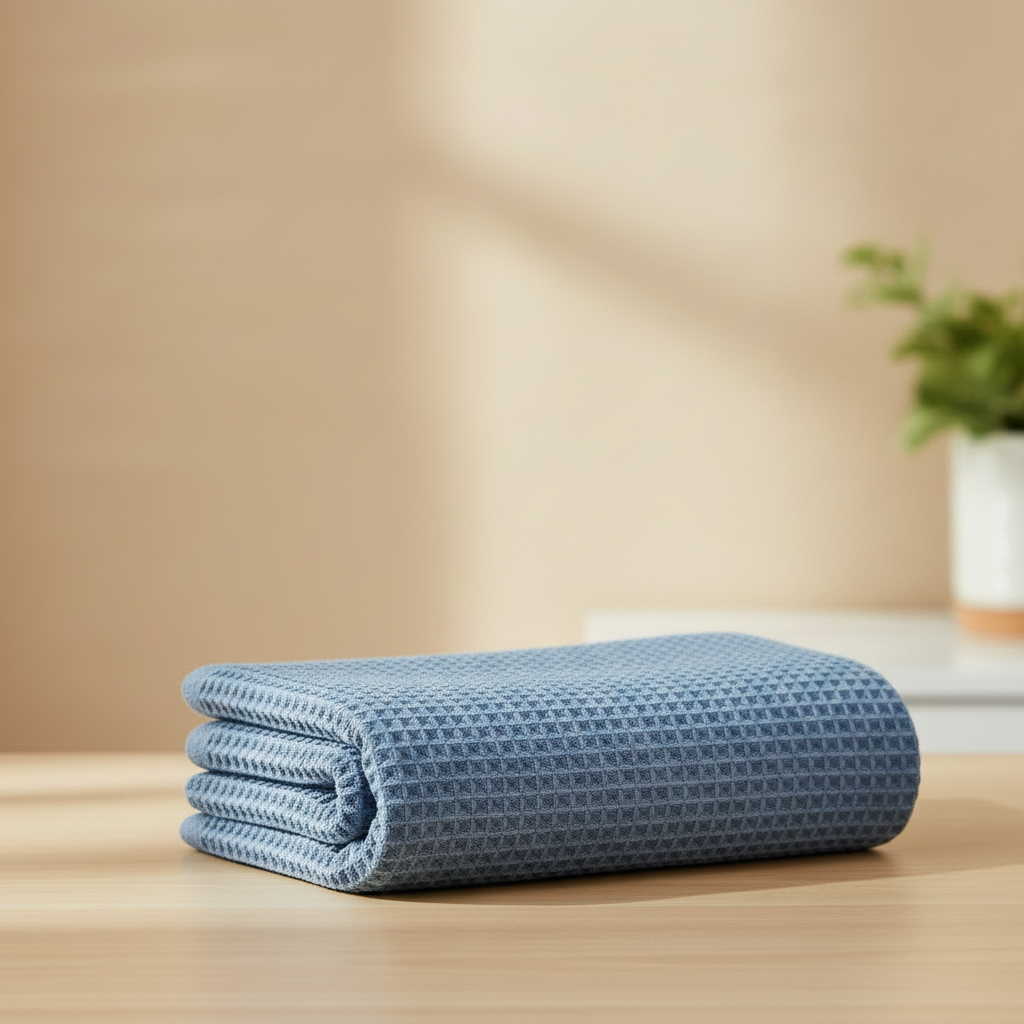 folded blue XL waffle-weave microfiber dog towels for wet fur, muddy paws, swimming, and bath drying.