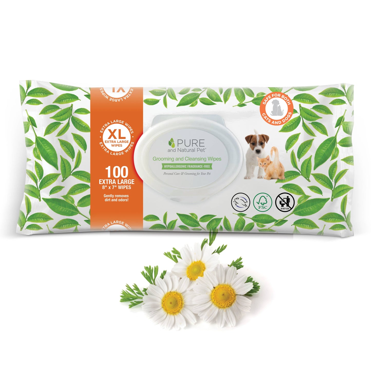 Pure and Natural Pet fragrance-free XL grooming wipes for dogs and cats, shown with green botanical packaging and chamomile flowers.