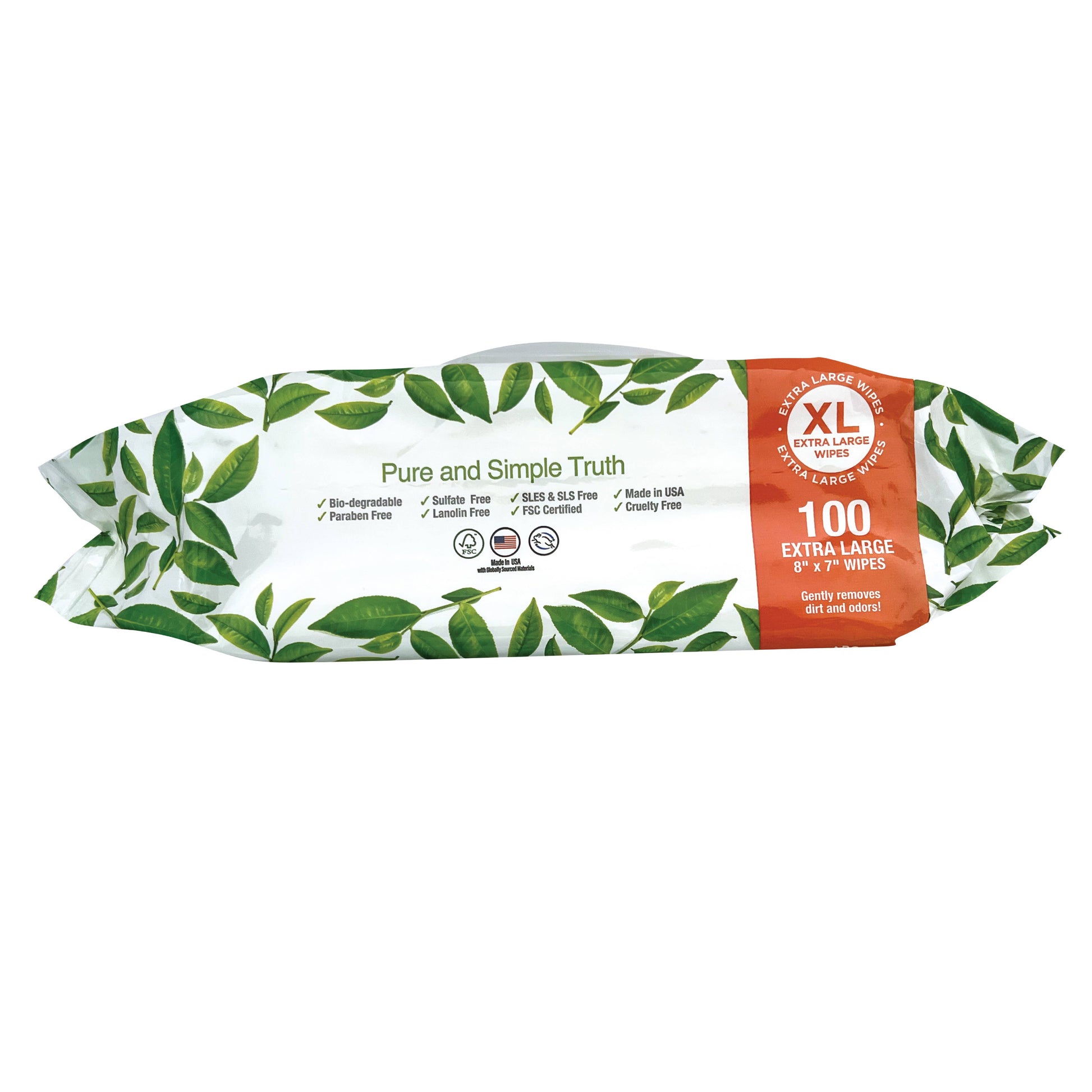 Pure and Natural Pet fragrance-free XL grooming wipes for dogs and cats, side package shown with green botanical packaging and chamomile flowers.