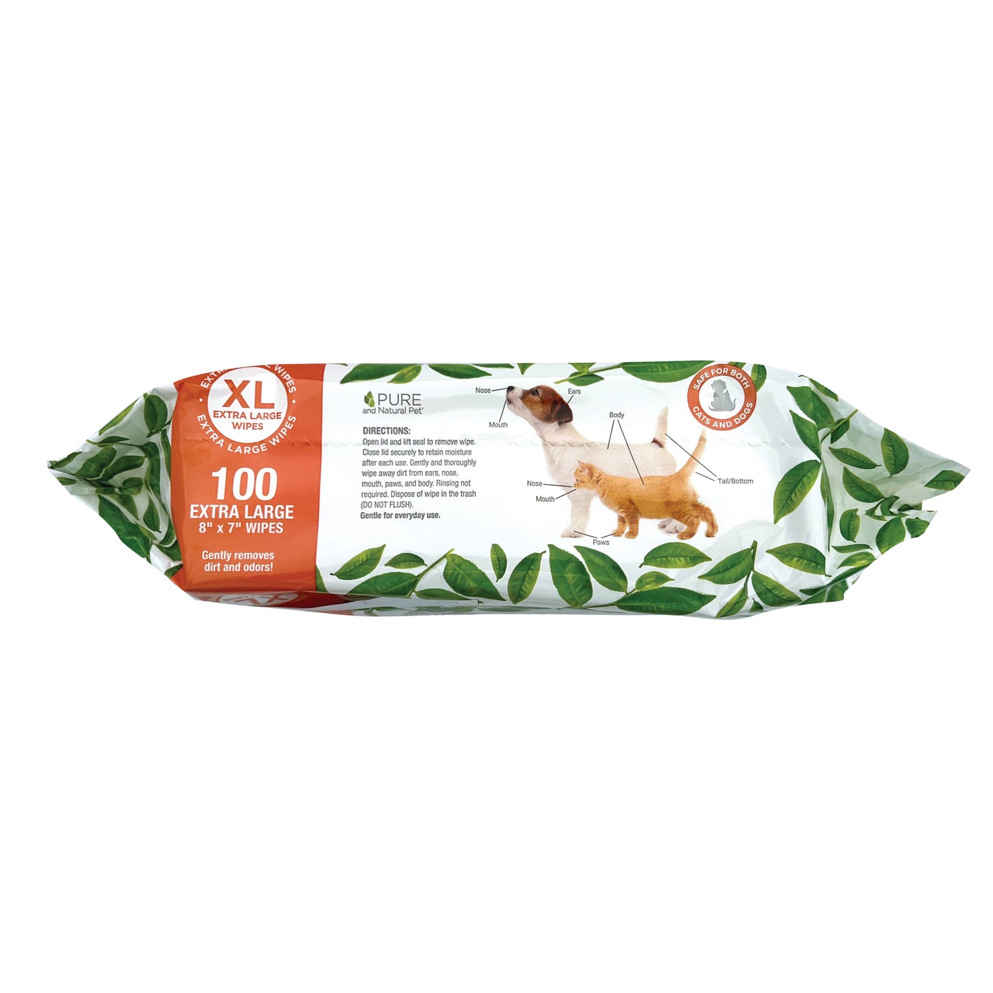 Pure and Natural Pet fragrance-free XL grooming wipes for dogs and cats, side package shown, 100 count with green botanical packaging and chamomile flowers.