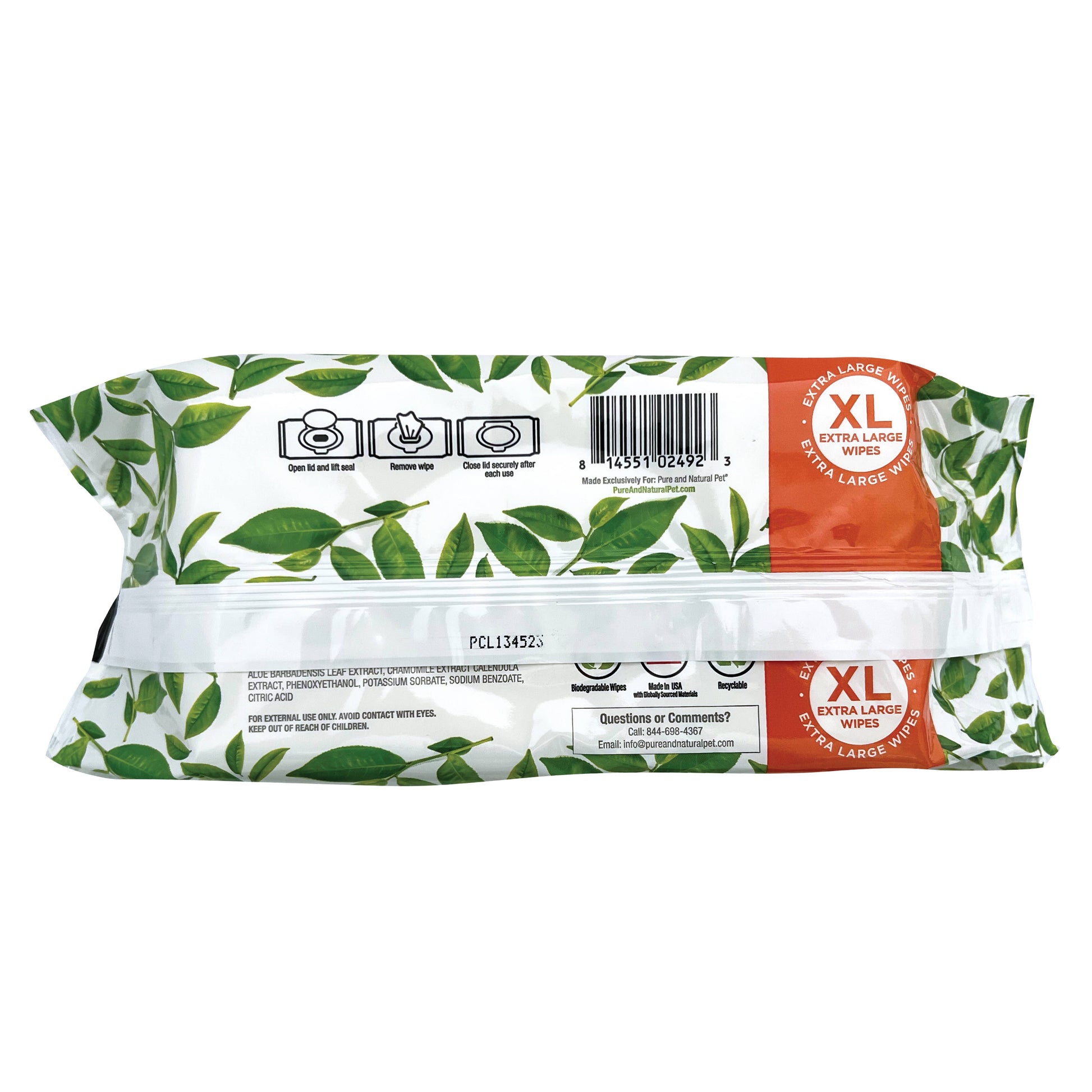 Pure and Natural Pet fragrance-free XL grooming wipes for dogs and cats, back package shown with green botanical packaging and chamomile flowers.