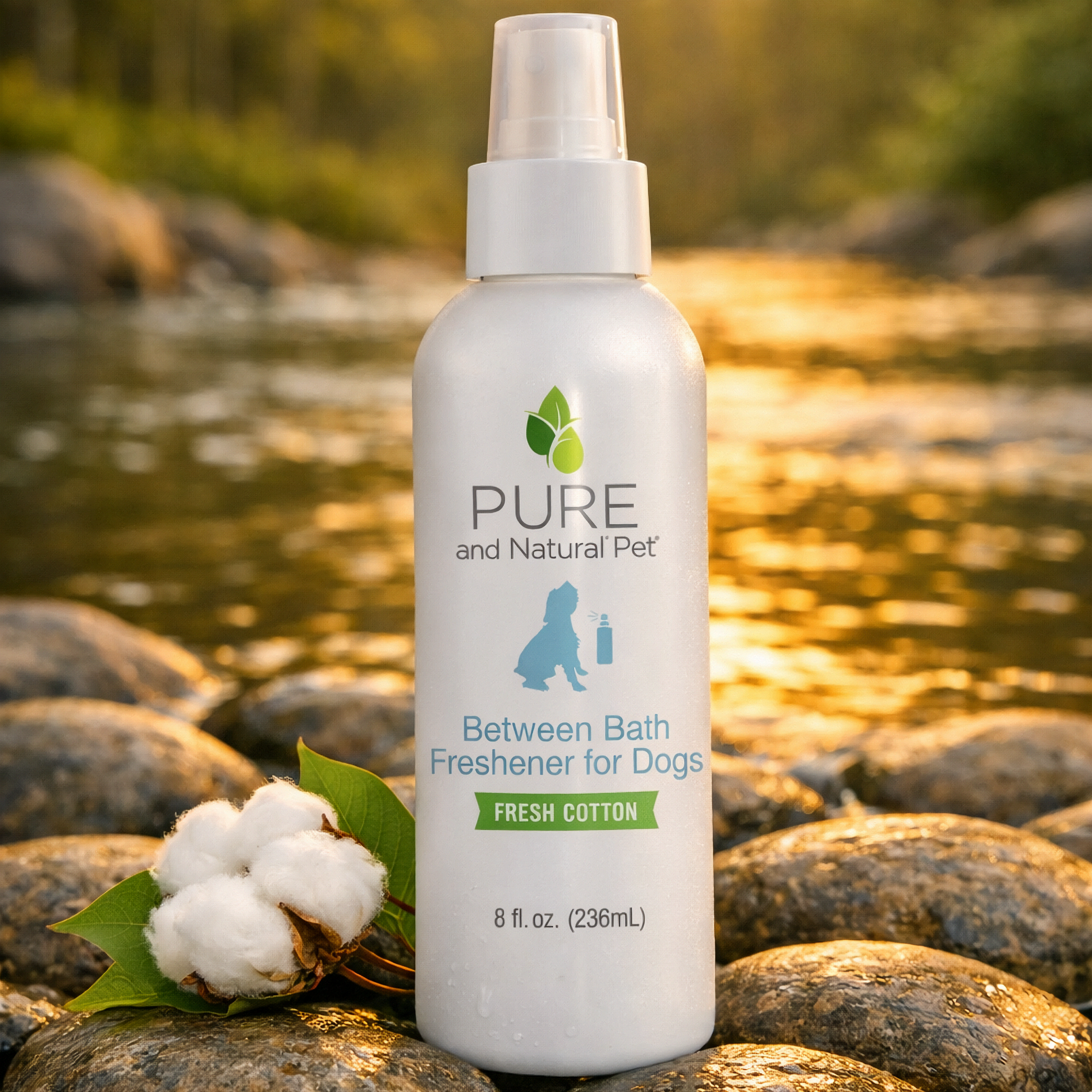 Fresh Cotton between-bath dog freshener spray bottle displayed on rocks beside a stream.