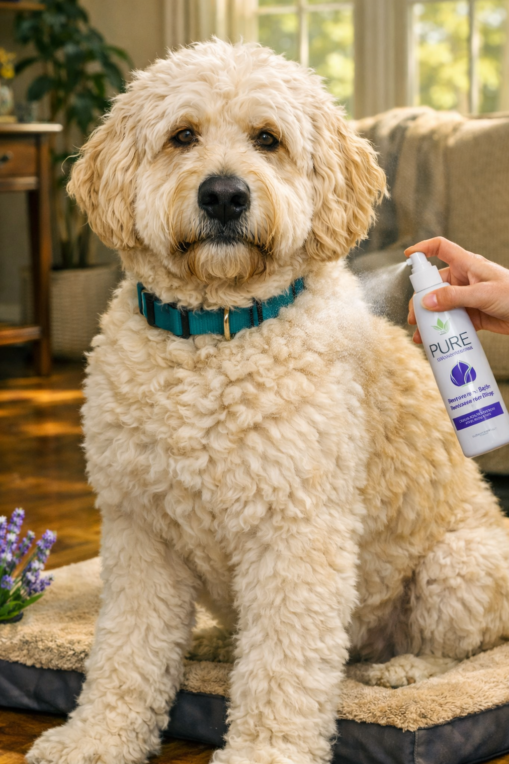 Curly-coated Goldendoodle receiving between-bath dog freshener spray in a home setting.
