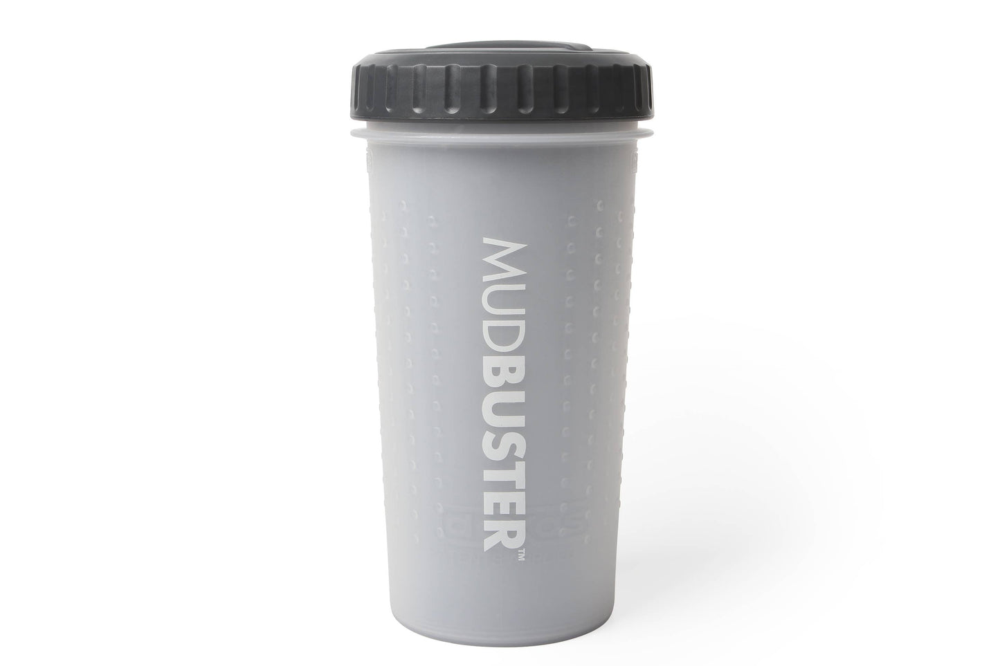 Large gray MudBuster dog paw-cleaning cup standing upright with a dark gray travel lid.