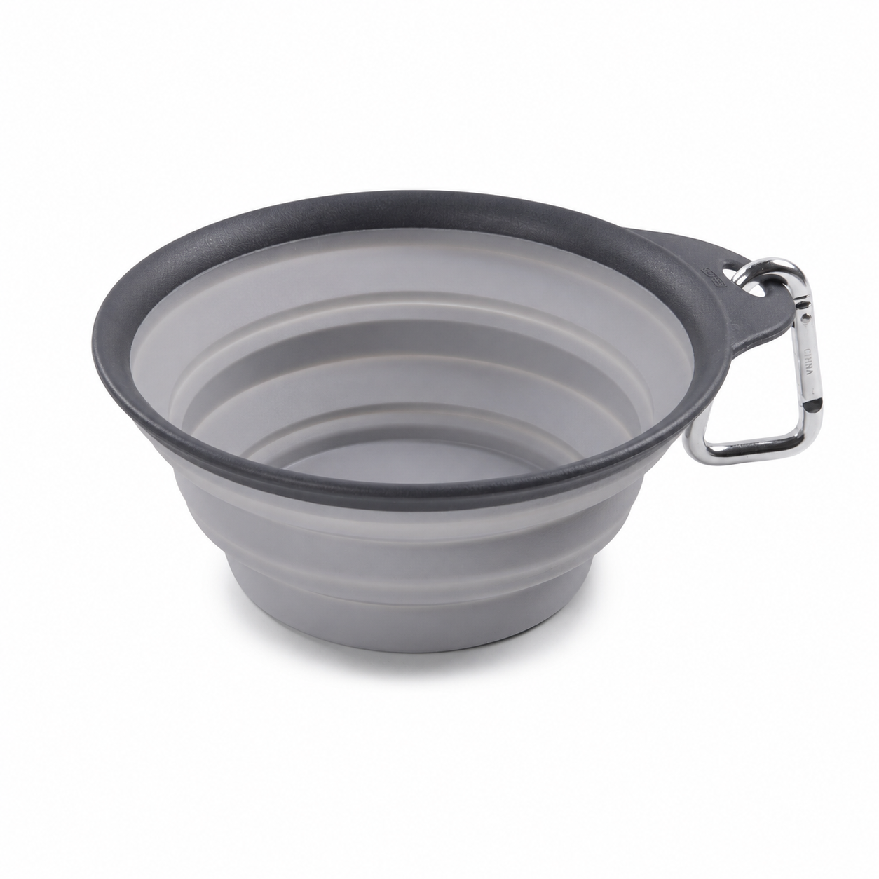 A gray collapsible silicone dog bowl with a dark gray rim and a silver metal carabiner clip on the side, shown on a plain white background.