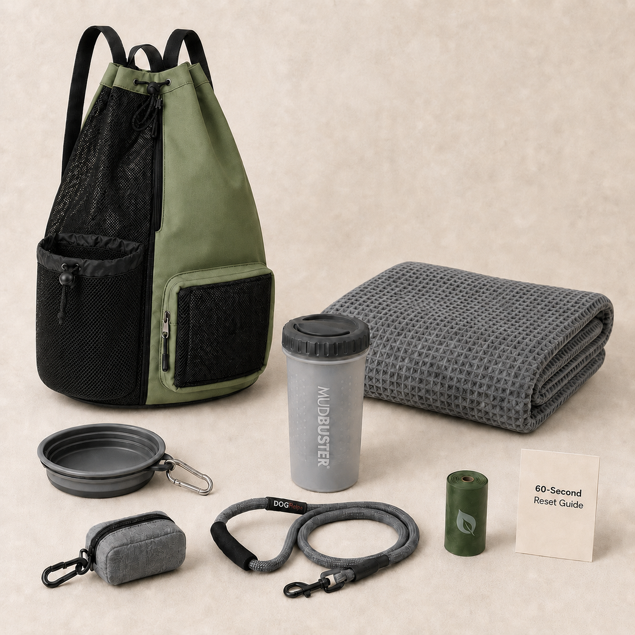 Home After Paws dog reset kit contents including green backpack, towel, paw cleaner, leash, bowl, and cleanup essentials for post-adventure routines.
