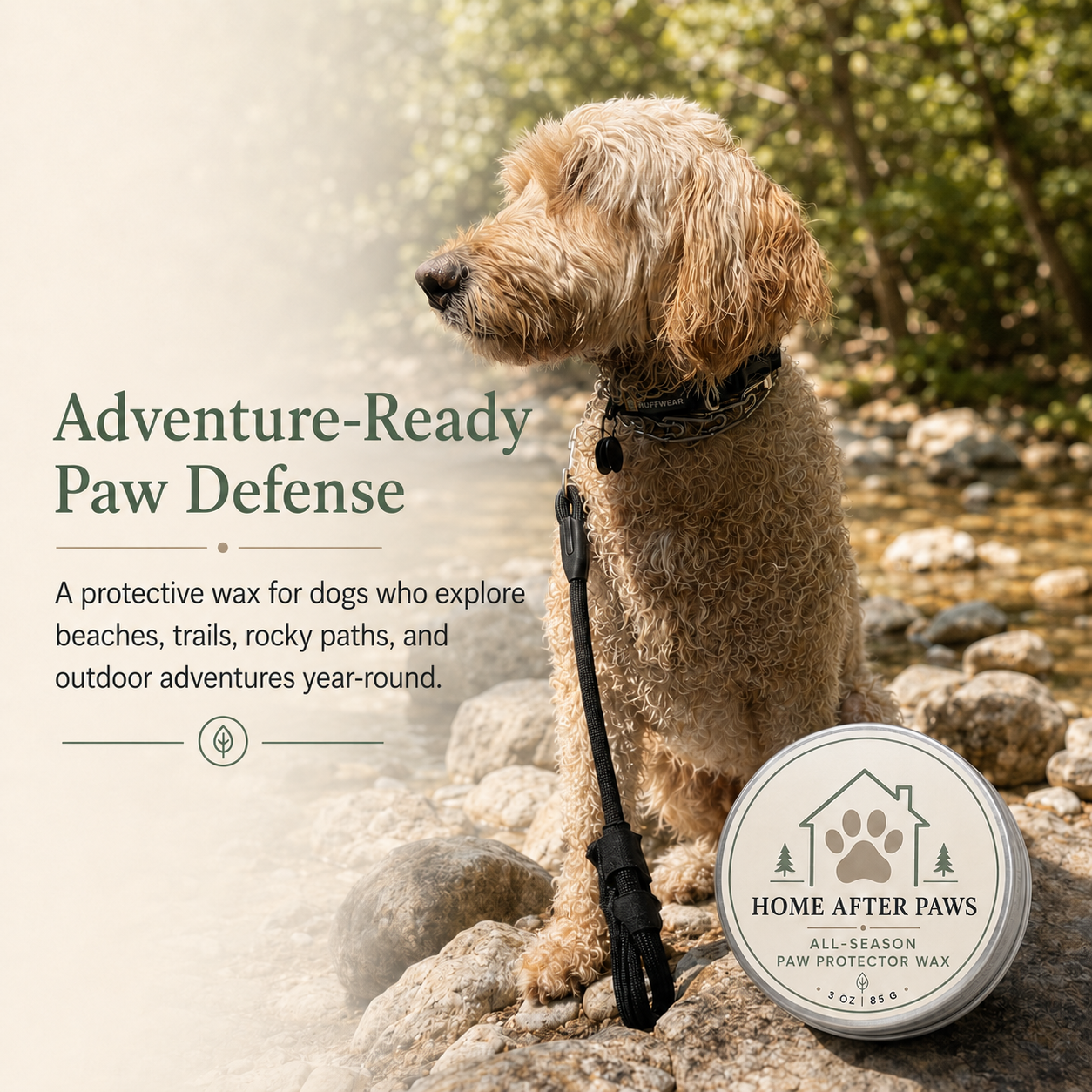Cream-colored dog sitting on creekside rocks beside Home After Paws All-Season Paw Protector Wax, with text highlighting adventure-ready paw protection.