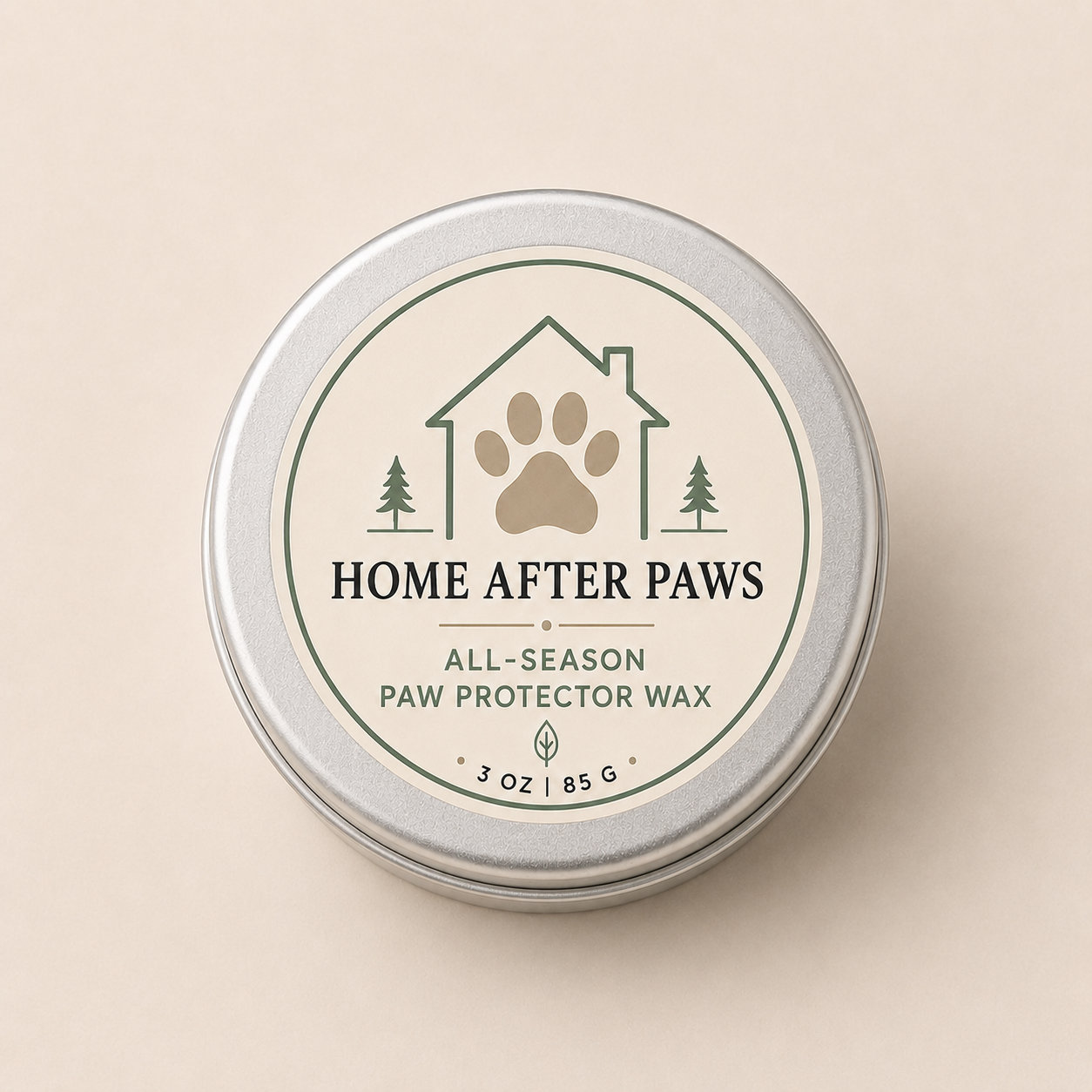 Closed 3 oz tin of Home After Paws All-Season Paw Protector Wax showing the front product label.
