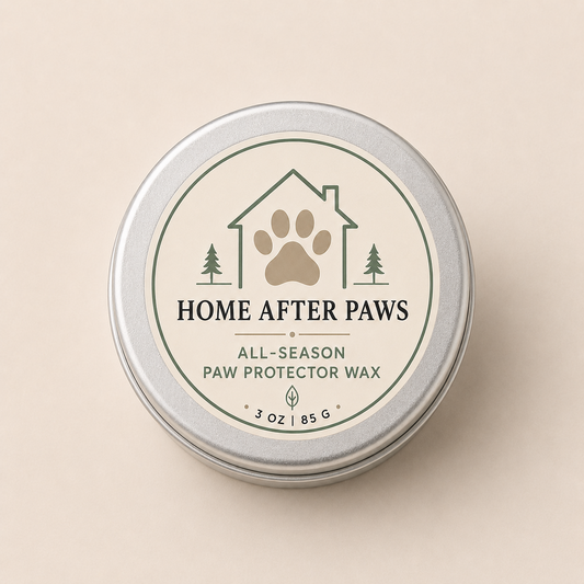 Closed 3 oz tin of Home After Paws All-Season Paw Protector Wax showing the front product label.