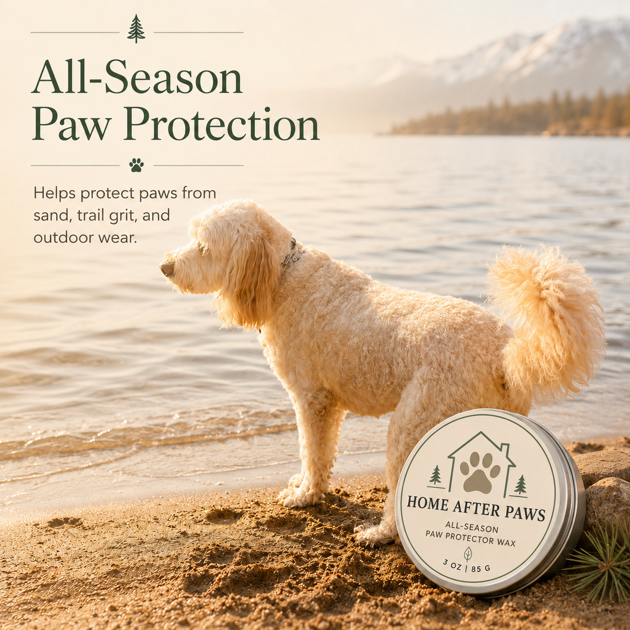 Cream-colored dog standing on a sandy lakeshore beside Home After Paws All-Season Paw Protector Wax, with mountains and water in the background.