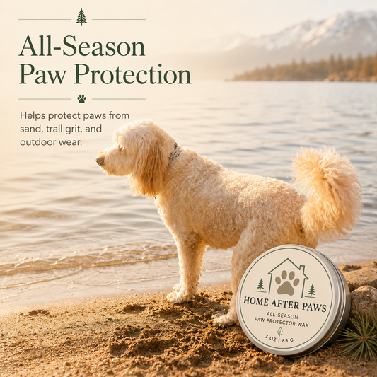 Cream-colored dog standing on a sandy lakeshore beside Home After Paws All-Season Paw Protector Wax, with mountains and water in the background.