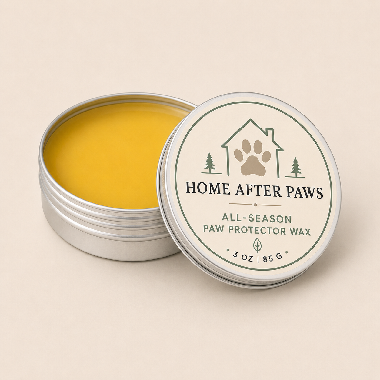 Home After Paws All-Season Paw Protector Wax in an open 3 oz silver tin with golden wax and labeled lid.