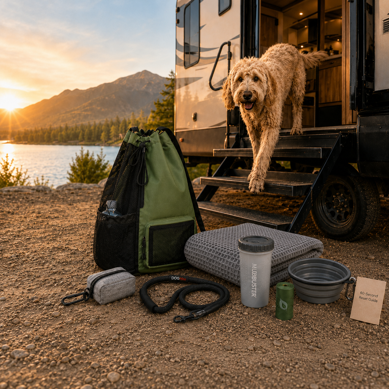 Home After Paws Big Fluffy Dog Adventure Reset Kit with dark green backpack, towel, paw cleaner, bowl, and leash beside a Goldendoodle at a lakeside campsite.