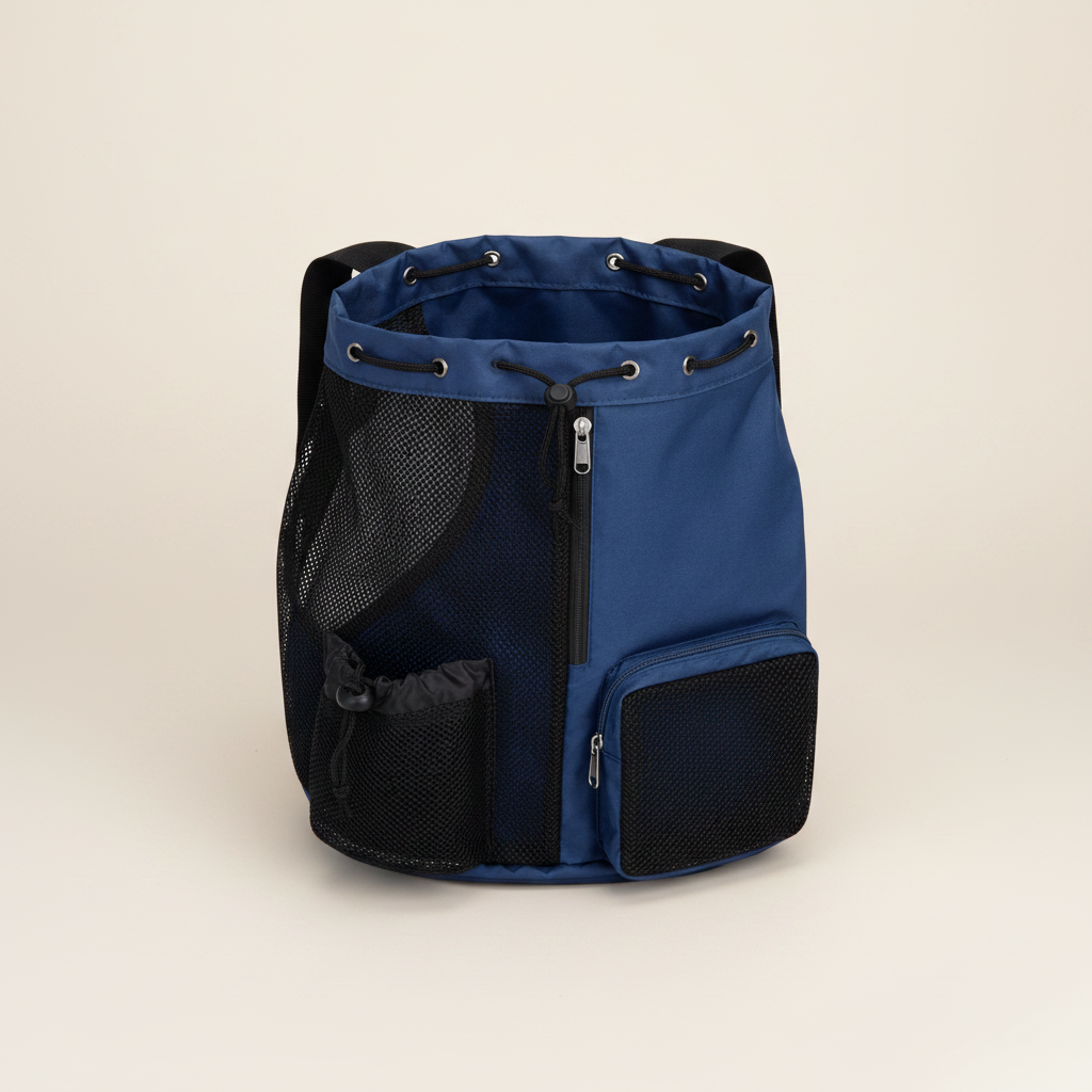 Open-top view of the navy wet-dry Dog Reset Kit backpack showing its spacious interior, mesh compartments and adjustable shoulder straps.