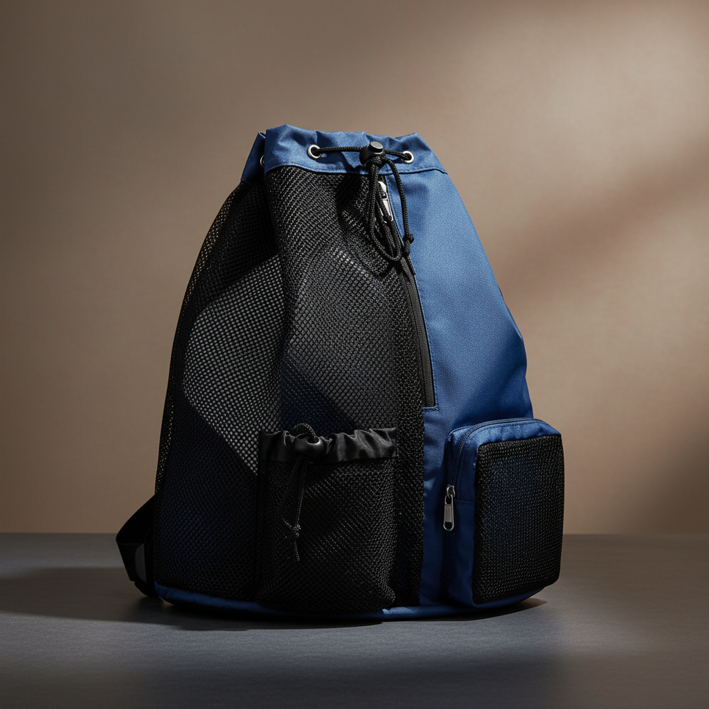 Three-quarter view of the navy wet-dry Dog Reset Kit backpack with black mesh storage pockets and drawstring closure.