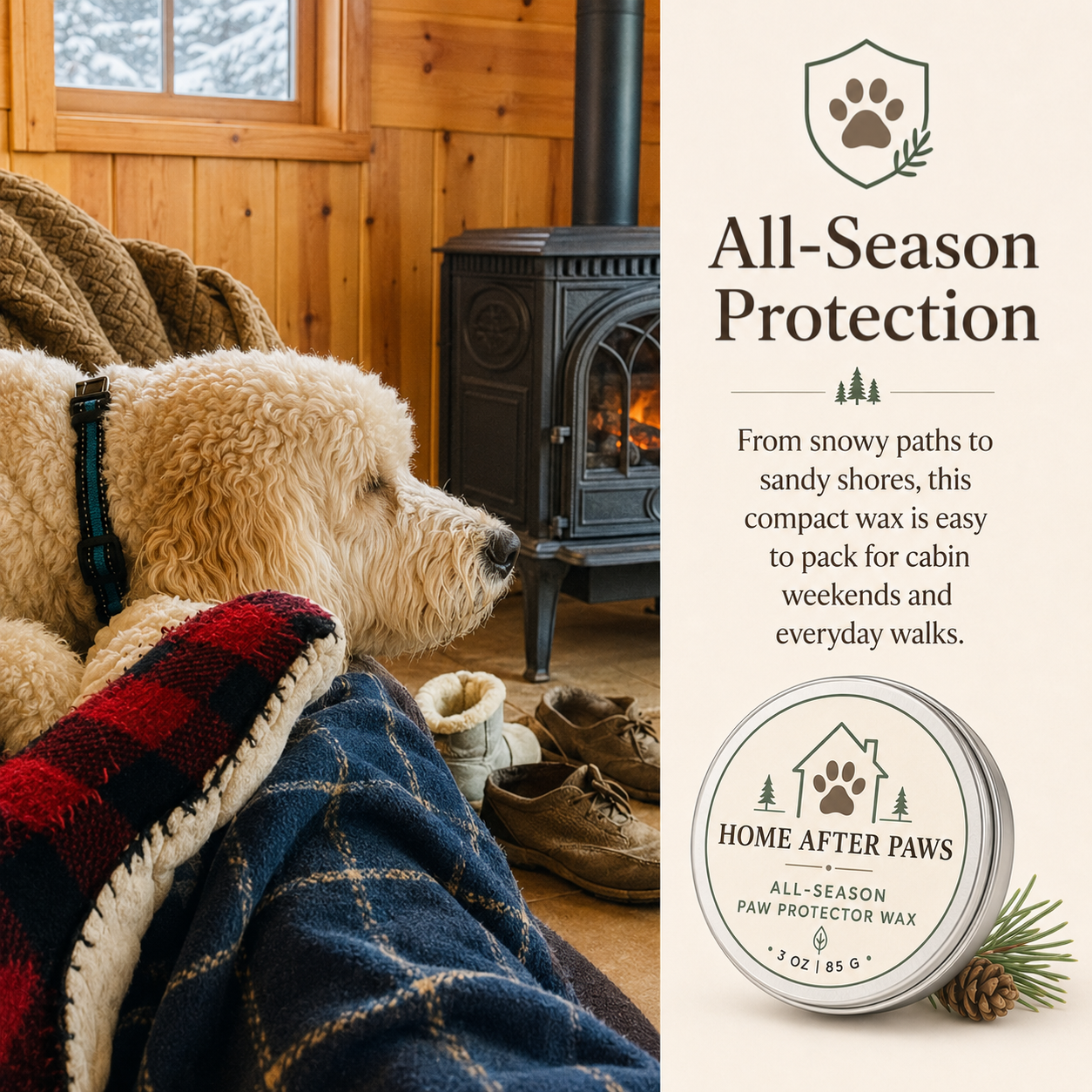 Cream-colored dog resting beside a wood stove in a cozy cabin with Home After Paws All-Season Paw Protector Wax for between-season adventures.