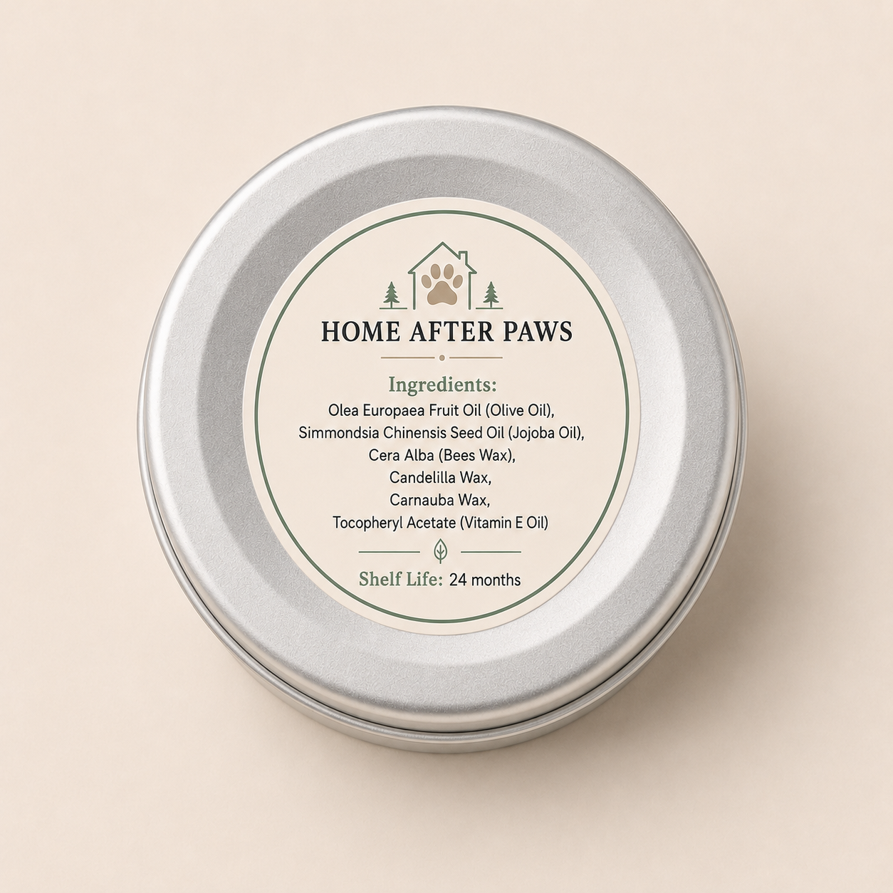 Bottom of the Home After Paws paw protector wax tin showing the ingredients and 24-month shelf-life label.