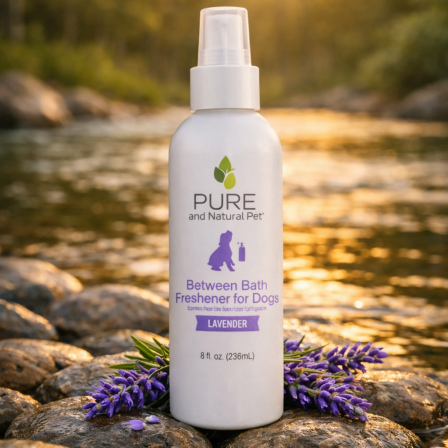 Lavender between-bath dog freshener spray bottle displayed with lavender beside a stream