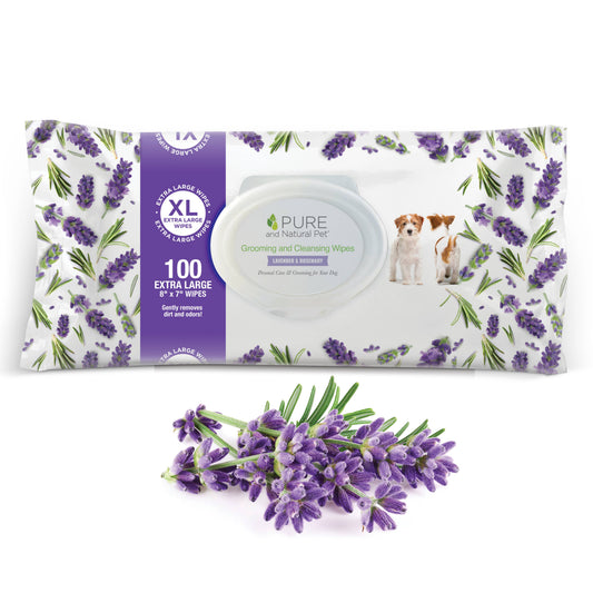 Pure and Natural Pet XL grooming wipes for dogs and cats in Lavender and Rosemary, shown with botanical accents.