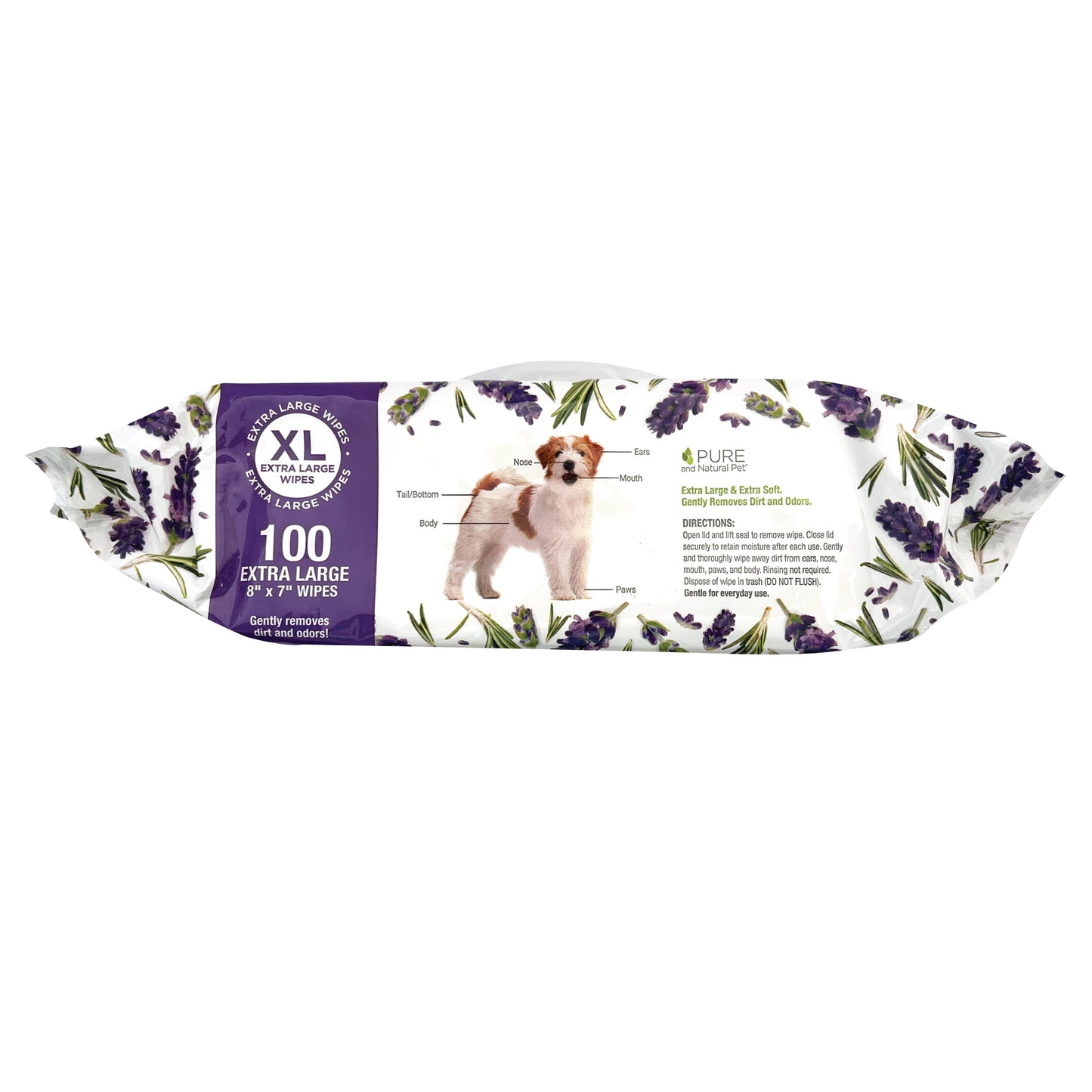 Pure and Natural Pet XL grooming wipes for dogs and cats in Lavender and Rosemary, side package shown with ingredients.