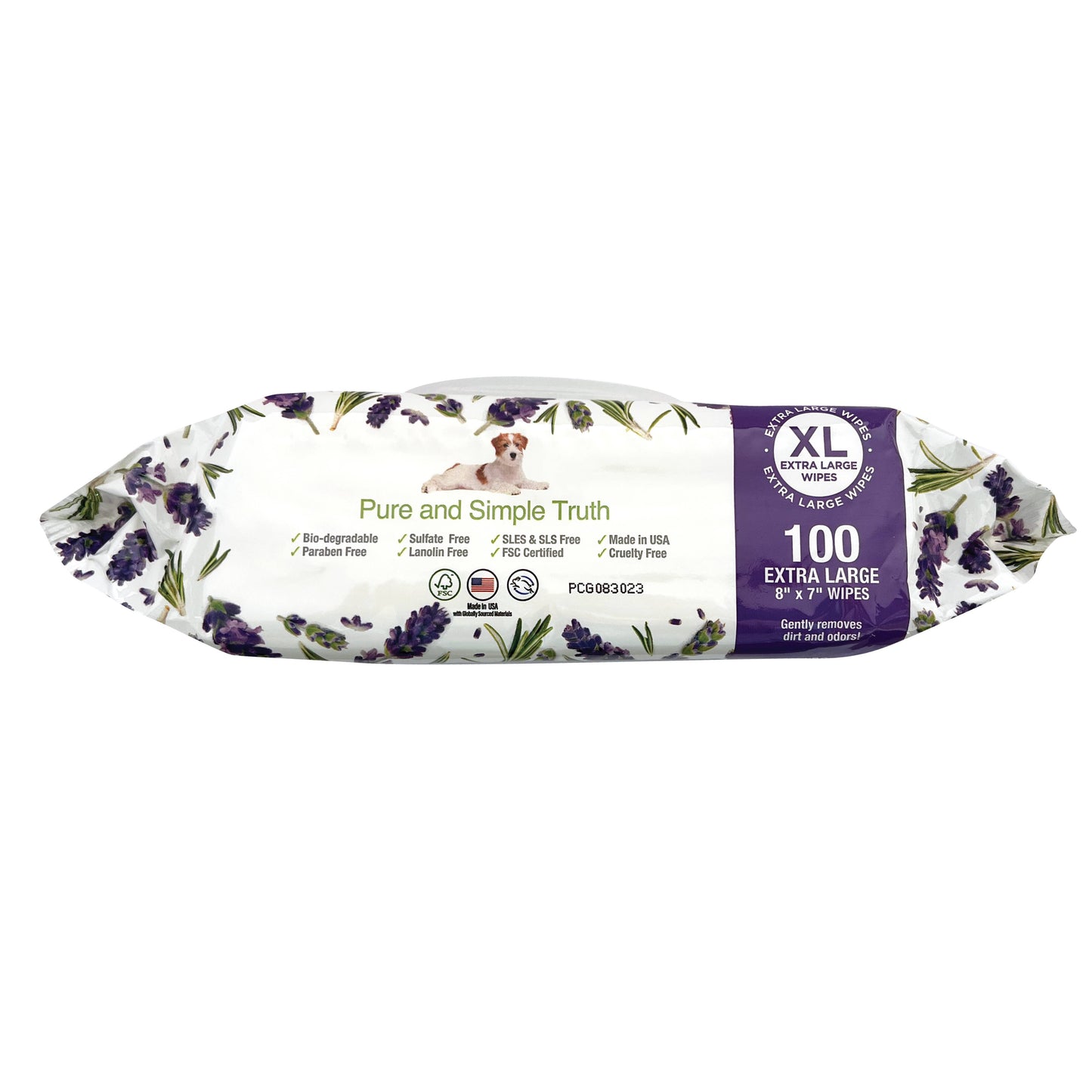 Pure and Natural Pet XL grooming wipes for dogs and cats in Lavender and Rosemary, shown from the side with botanical accents. 