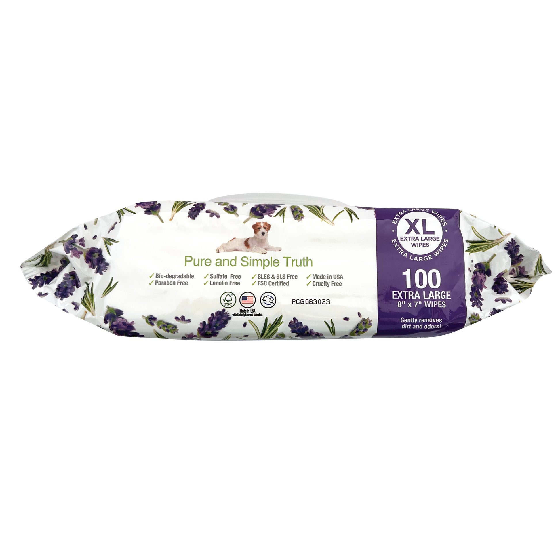Pure and Natural Pet XL grooming wipes for dogs and cats in Lavender and Rosemary, shown from the side with botanical accents. 