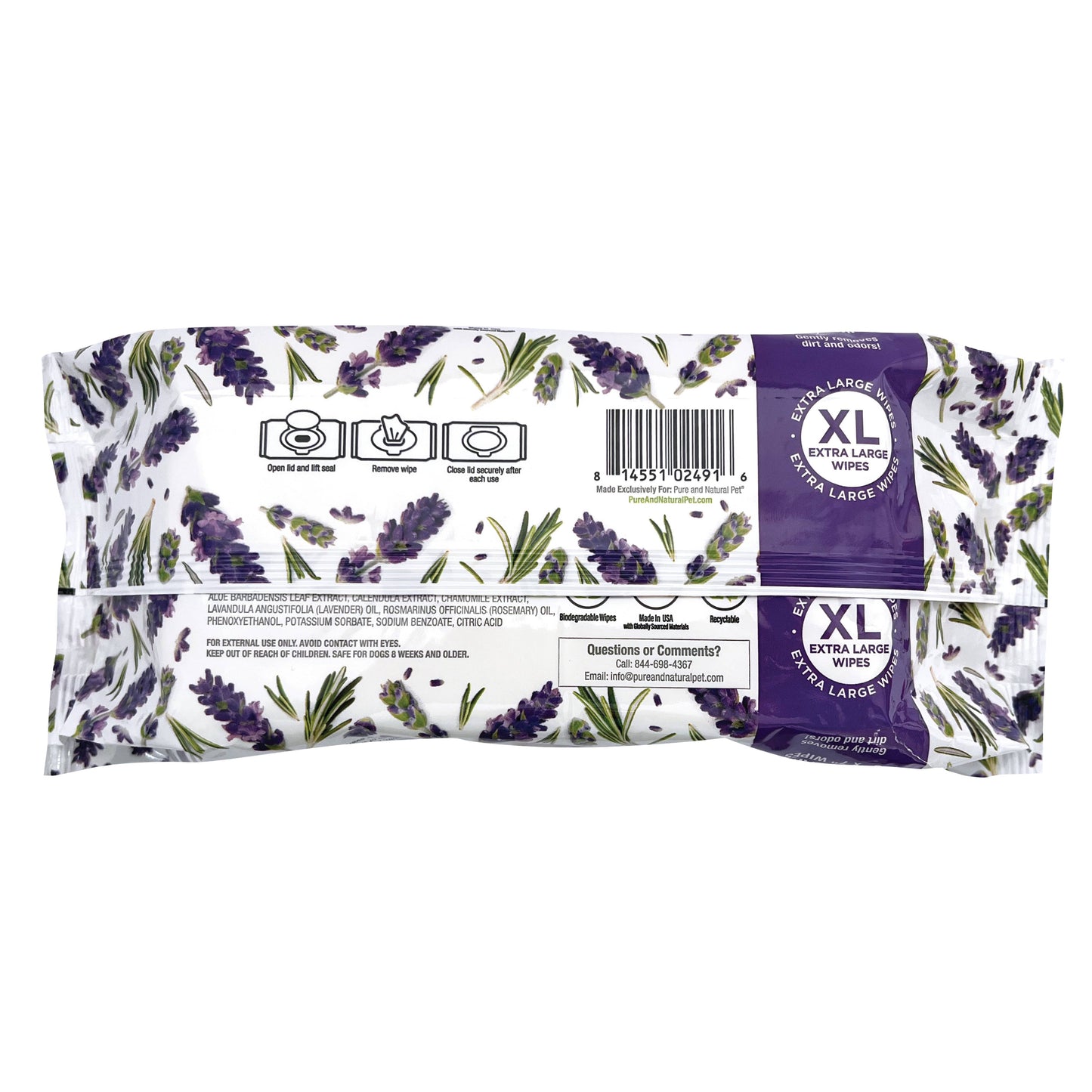 Pure and Natural Pet XL grooming wipes for dogs and cats in Lavender and Rosemary, back of package shown with botanical accents.