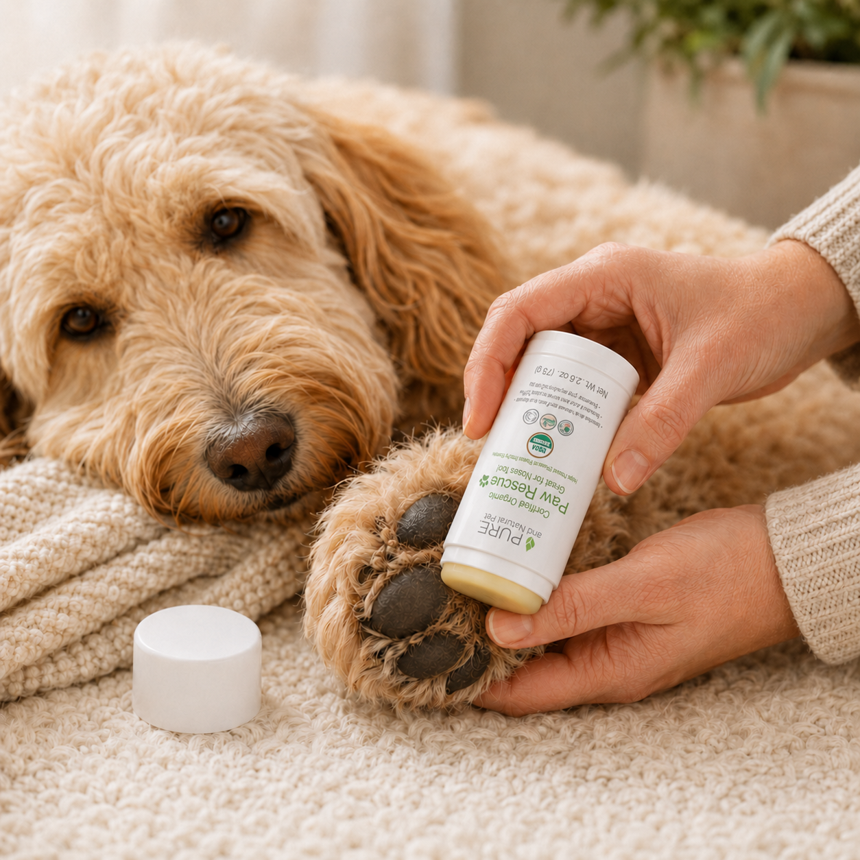 Organic Paw Rescue balm being applied to a Goldendoodle’s paw pads to help soothe and moisturize dry, weather-worn paws.