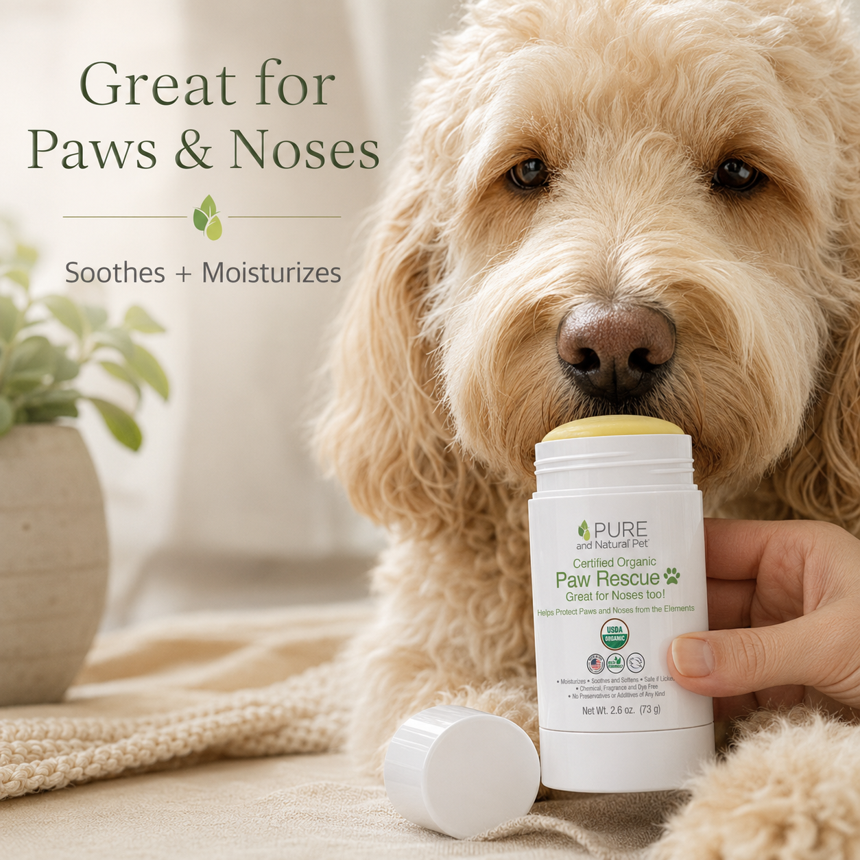 Organic Paw Rescue balm for dog paws and noses shown with a cream Goldendoodle and text highlighting soothing moisture.
