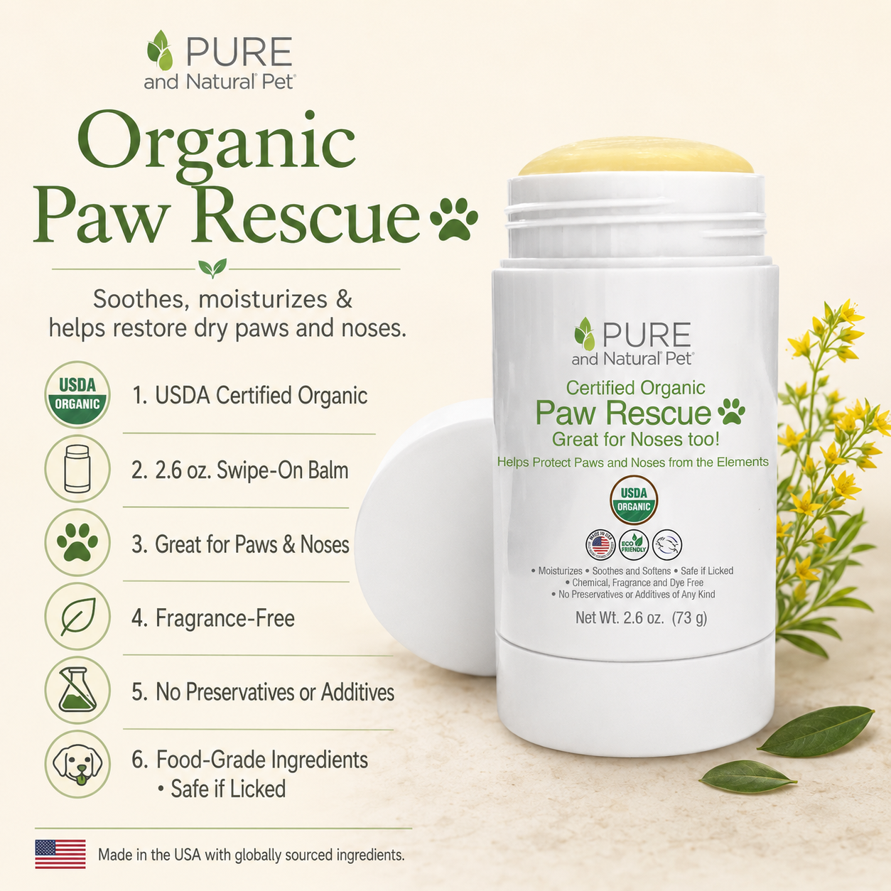 Organic Paw Rescue balm infographic highlighting USDA Certified Organic ingredients, 2.6 oz swipe-on application, fragrance-free formula, and use for dry dog paws and noses.