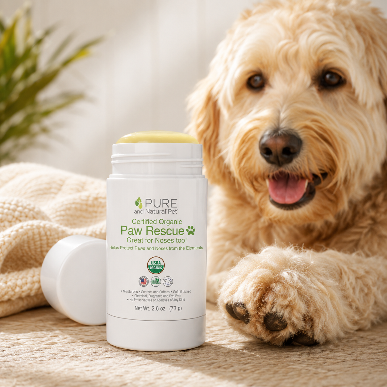 USDA Certified Organic Paw Rescue balm for dry dog paws and noses shown beside a cream Goldendoodle.